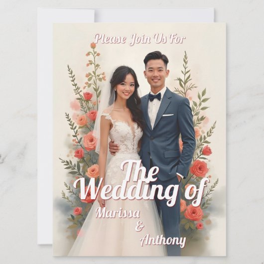 ロマンティックな花柄の結婚式招待状 ヴィンテージスタイル (正面)
