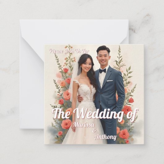 ロマンティックな花柄の結婚式招待状 ヴィンテージスタイル ノートカード (正面)