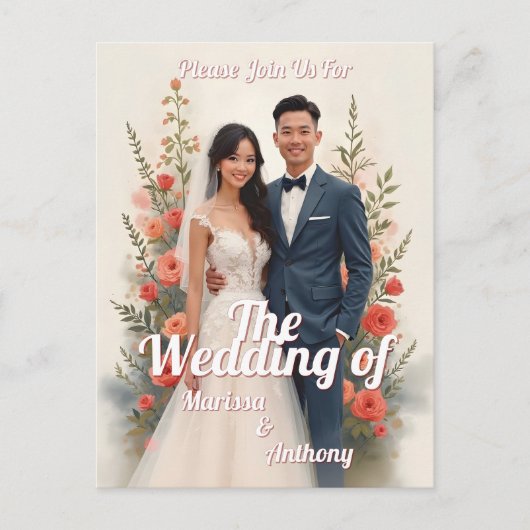 ロマンティックな花柄の結婚式招待状 ヴィンテージスタイル ポストカード (正面)