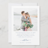 ロマンティックな落書き風キュートなリボンの青い結婚式の写真 サンキューカード (裏面)