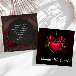 ロマンティックな赤いハートとバラのShaadi Mubarakカード