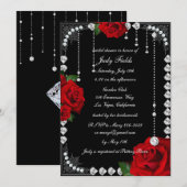 ロマンティックな赤いバラとダイヤモンドの ブライダルシャワー 招待状 (正面/裏面)