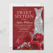 ロマンティックな赤いバラ シルバー ダイヤモンド ドレス スイート16 招待状 (正面)