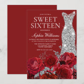 ロマンティックな赤いバラ シルバー ダイヤモンド ドレス スイート16 招待状 (正面/裏面)