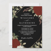 ロマンティックな赤い深い色のバラ 花 冬のウェディング 招待状 (正面)