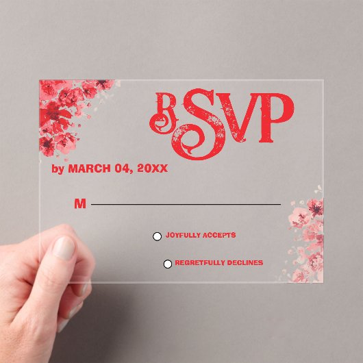 ロマンティックな赤い花の結婚式RSVP アクリル招待状 (インサイチュ (ポータブル))