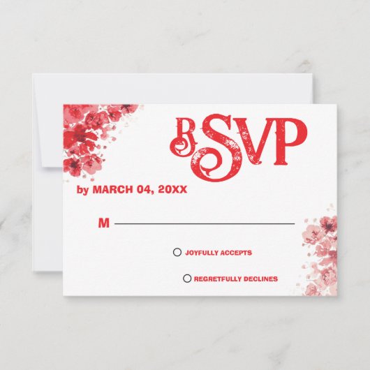 ロマンティックな赤い花の結婚式RSVP 出欠カード (正面)