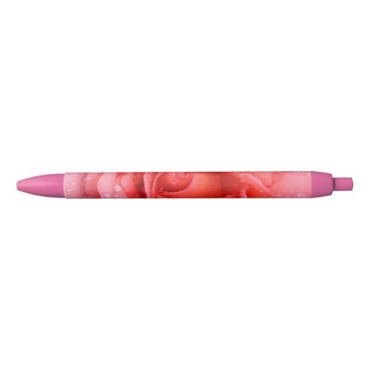 ロマンティックな赤とピンクのバラの水滴 黒ボールペン (正面)