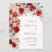 ロマンティックな赤と白のバラのホワイトウェディング 招待状 (正面/裏面)