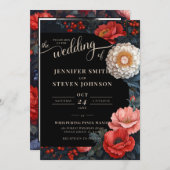 ロマンティックな赤と黒の花のウェディング 招待状 (正面/裏面)