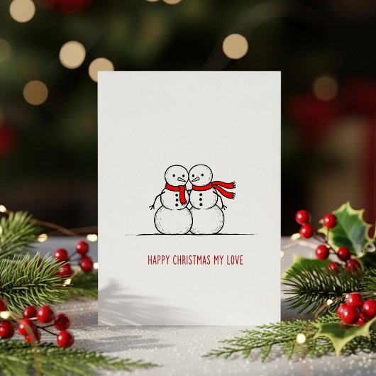 ロマンティックな雪だるまのキス カード – スイートクリスマスラブ