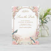 ロマンティックな鳥のピンクの花嫁衣裳イスラム教徒の結婚式 セーブザデート (スタンド正面)