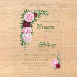 ロマンティックアーチのメルロー ピンクのボタン 植物のモチーフの結婚式 アクリル招待状
