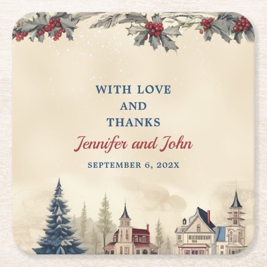 ロマンティックウィンターウェディングスクエア紙コースター スクエアペーパーコースター (正面)