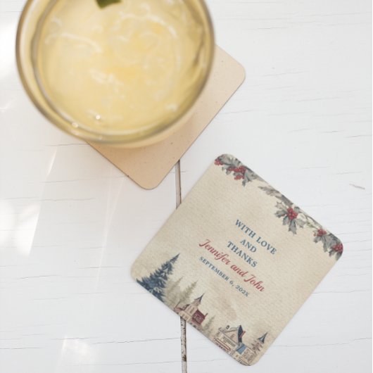 ロマンティックウィンターウェディングスクエア紙コースター スクエアペーパーコースター