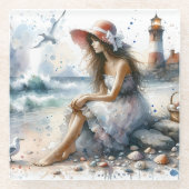 ロマンティックウォーターカラーガールバイライトハウス ガラスコースター (正面)