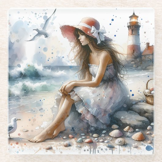ロマンティックウォーターカラーガールバイライトハウス ガラスコースター (正面)