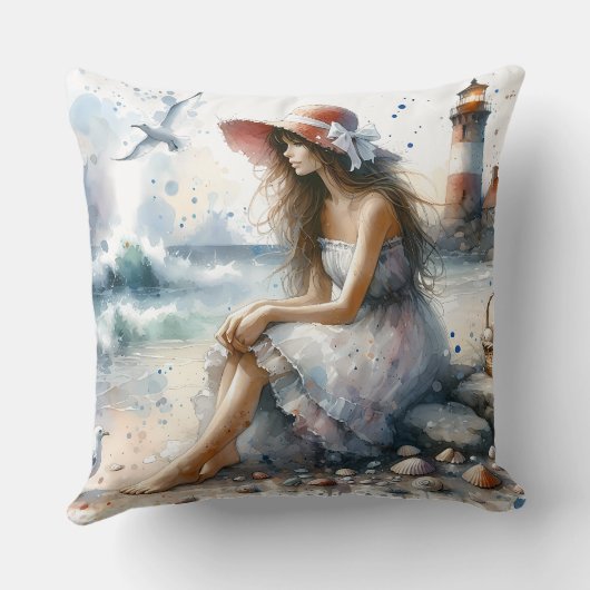 ロマンティックウォーターカラーガールバイライトハウス クッション (裏面)