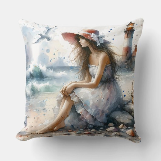 ロマンティックウォーターカラーガールバイライトハウス クッション (正面)