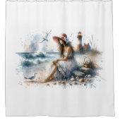 ロマンティックウォーターカラーガールバイライトハウス シャワーカーテン (正面)