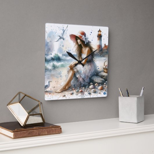 ロマンティックウォーターカラーガールバイライトハウス スクエア壁時計 (オフィス)
