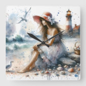 ロマンティックウォーターカラーガールバイライトハウス スクエア壁時計 (正面)