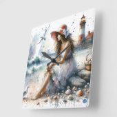 ロマンティックウォーターカラーガールバイライトハウス スクエア壁時計 (傾斜)