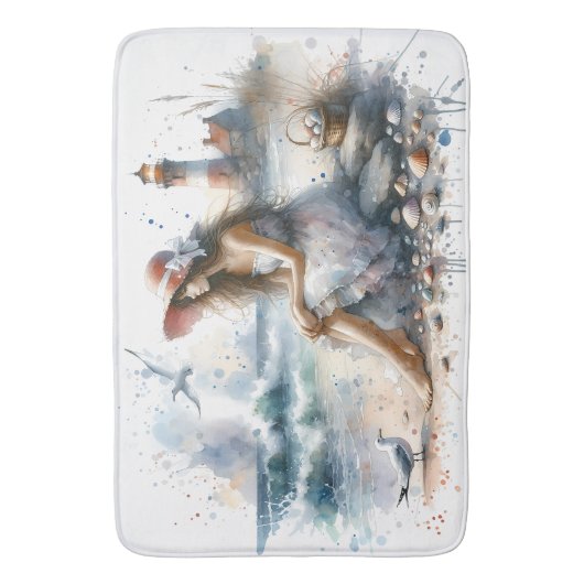 ロマンティックウォーターカラーガールバイライトハウス バスマット (正面縦)