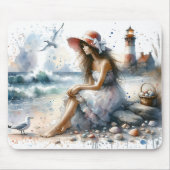 ロマンティックウォーターカラーガールバイライトハウス マウスパッド (正面)