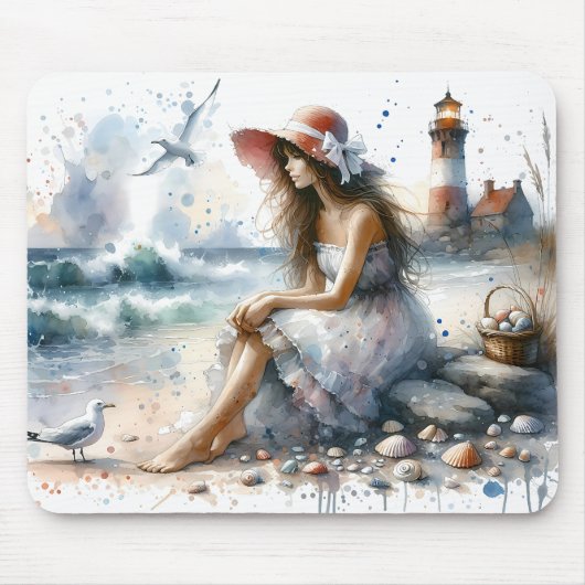 ロマンティックウォーターカラーガールバイライトハウス マウスパッド (正面)