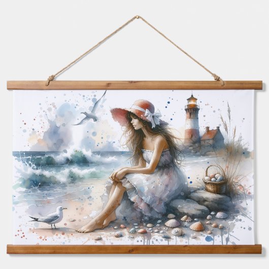 ロマンティックウォーターカラーガールバイライトハウス 吊り下げ型タペストリー (正面)