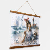 ロマンティックウォーターカラーガールバイライトハウス 吊り下げ型タペストリー (傾斜あり)