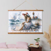 ロマンティックウォーターカラーガールバイライトハウス 吊り下げ型タペストリー (寝室)