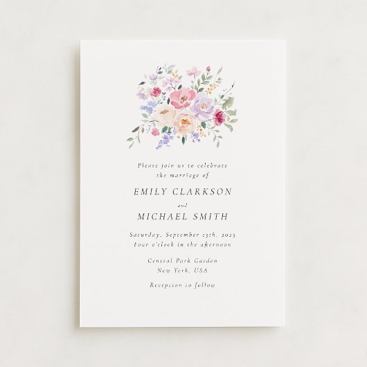 ロマンティックウォーターカラーパステルフローラ結婚ズインビタティ 招待状