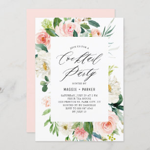ロマンティックウォーターカラーピーチ花模様カクテルパーティー 招待状