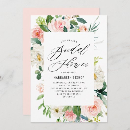 ロマンティックウォーターカラーピーチ花模様ブライダルシャワー 招待状 (正面/裏面)