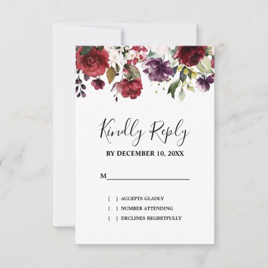 ロマンティックウォーターカラーブルゴーニュレッド赤面バラフローラ 出欠カード (正面)