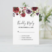 ロマンティックウォーターカラーブルゴーニュレッド赤面バラフローラ 出欠カード (スタンド正面)