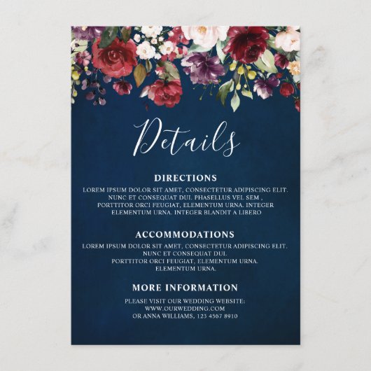 ロマンティックウォーターカラーブルゴーニュ赤海軍フローラ エンクロージャーカード (正面)