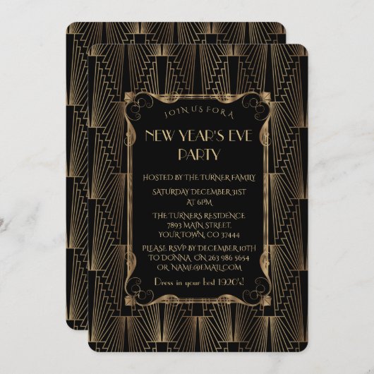ロマンティックオールドハリウッドブラック素晴らしニューイヤーパーティー 招待状 (正面/裏面)