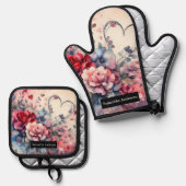 ロマンティックキッチン: 抽象的なハート 鍋つかみ&鍋敷きセット (正面/裏面)