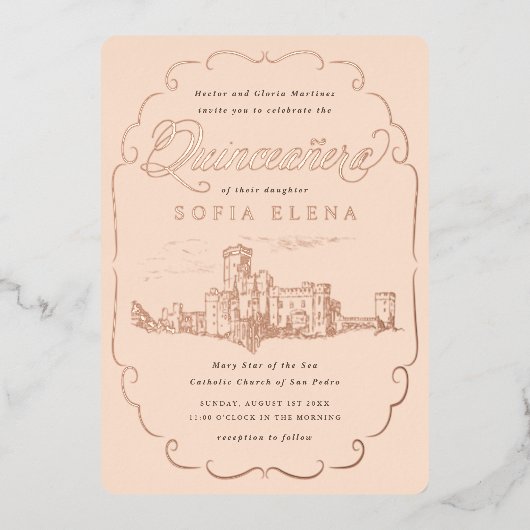 ロマンティックキャッスルファンタジークインセアニラ金ゴールド 箔招待状 (正面)