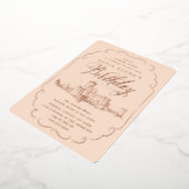 ロマンティックキャッスルファンタジー誕生日バラ金ゴールド 箔招待状 (回転した状態)