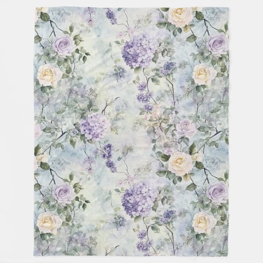 ロマンティッククリーム紫の花 フリースブランケット (正面)