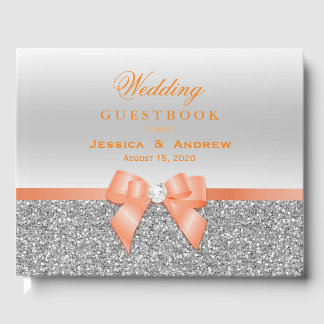 ロマンティックコーラルボウ&シルバーグリッター結婚ズ ゲストブック