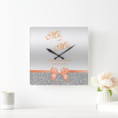 ロマンティックコーラルボウ&シルバーグリッター結婚ズ スクエア壁時計 (ホーム)