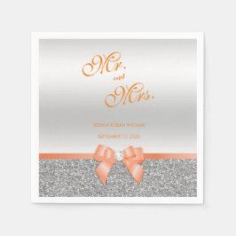 ロマンティックコーラルボウ&シルバーグリッター結婚ズ スタンダードカクテルナプキン