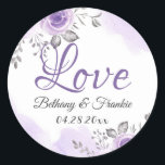 ロマンティックシックパステルパープルフローララブスクリプト ラウンドシール<br><div class="desc">ロマンチックパステルパープルフローララブスクリプトクラシックラウンドステッカー</div>