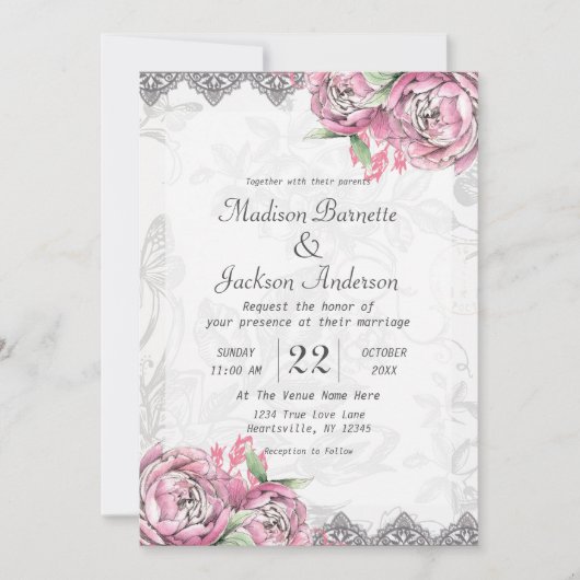 ロマンティックシックピーニーフローラ結婚式招待状 招待状 (正面)