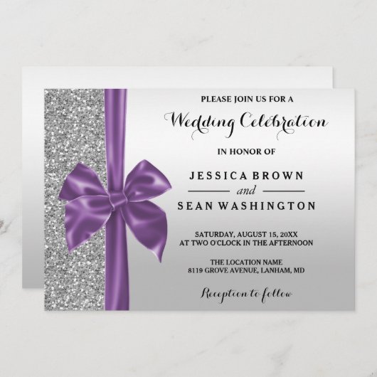 ロマンティックシルクボウシルバーグリッター&ブ結婚ラックズ 招待状 (正面/裏面)